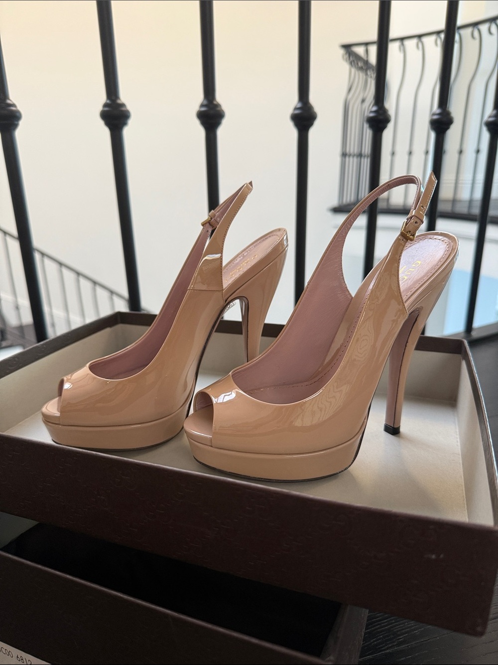 Gucci Nude Patent Peep-Toe Slingback Platform Heels